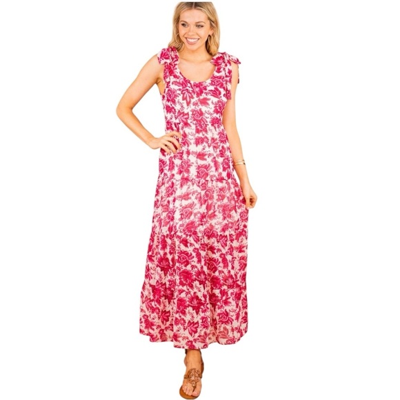 entro Dresses & Skirts - Entro Pink Faux Tie Shoulder Ruffle Tiered Maxi Dress Size Small